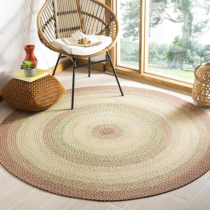 SAFAVIEH Washable Rug Outdoor Braided Collection - 3' Round, Rust & Multi, Handmade & Reversible, Non-Shedding & Easy to Clean, Ideal for Patio, Backyard, Mudroom (BRD303A)