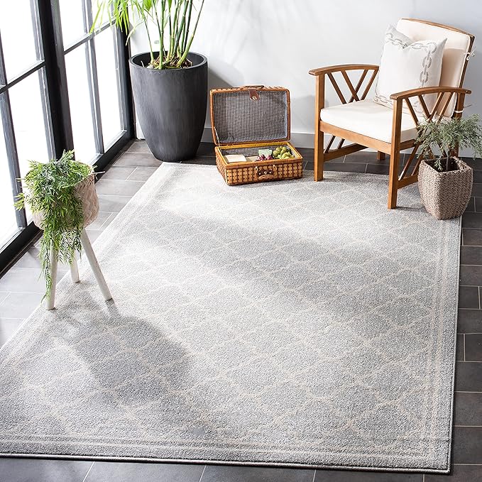 SAFAVIEH Amherst Collection X-Large Area Rug - 11' x 15', Light Grey & Beige, Moroccan Trellis Design, Non-Shedding & Easy Care, Ideal for High Traffic Areas in Living Room, Bedroom (AMT422B)