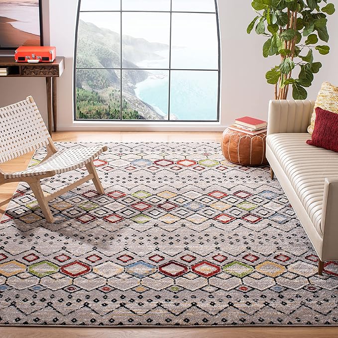SAFAVIEH Amsterdam Collection X-Large Area Rug - 11' x 15', Light Grey & Multi, Moroccan Boho Design, Non-Shedding & Easy Care, Ideal for High Traffic Areas in Living Room, Bedroom (AMS108G)