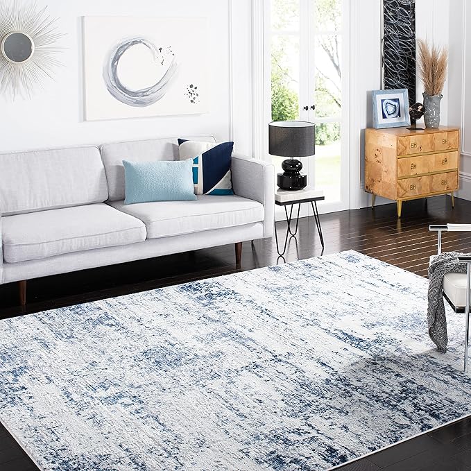 SAFAVIEH Amelia Collection X-Large Area Rug - 11' x 15', Ivory & Navy, Modern Abstract Design, Non-Shedding & Easy Care, Ideal for High Traffic Areas in Living Room, Bedroom (ALA700B)