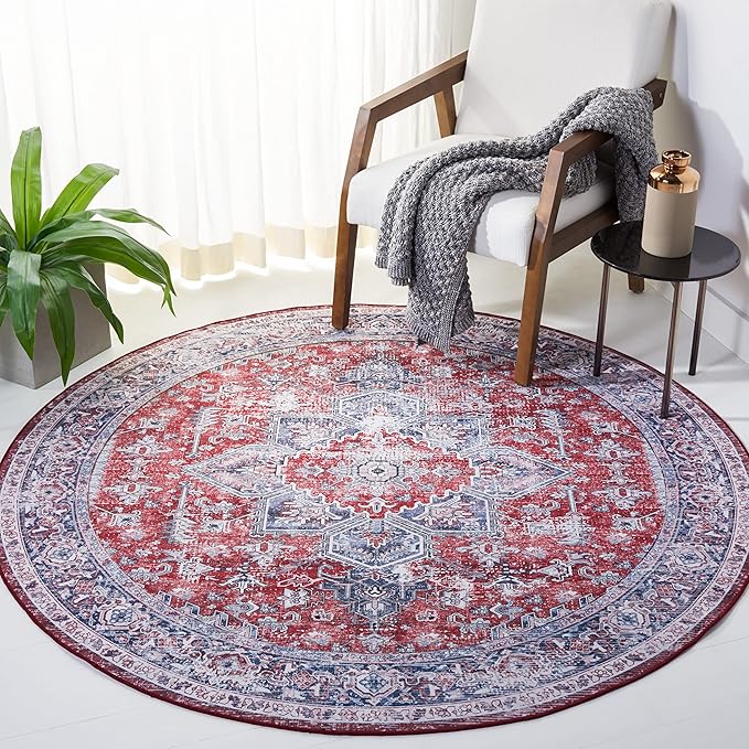 SAFAVIEH Washable Rug Tucson Collection - 6' Round, Red & Navy, Slip Resistant & Easy to Clean, Ideal for Living Room, Bedroom, Dining Space (TSN101S)
