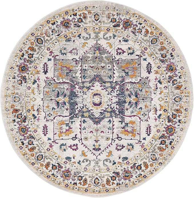 SAFAVIEH Evoke Collection Area Rug - 6'7" Round, Ivory & Grey, Oriental Medallion Distressed Design, Non-Shedding & Easy Care, Ideal for High Traffic Areas in Living Room, Bedroom (EVK275A)