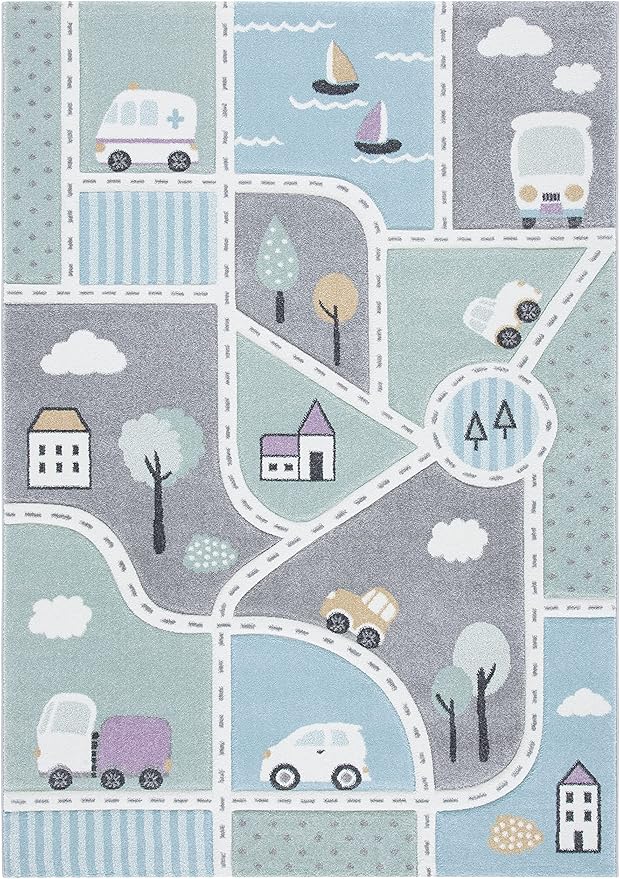 SAFAVIEH Carousel Kids Collection Accent Rug - 4' x 6', Grey & Light Blue, Non-Shedding & Easy Care, Ideal for High Traffic Areas for Boys & Girls in Playroom, Nursery, Bedroom (CRK193F)