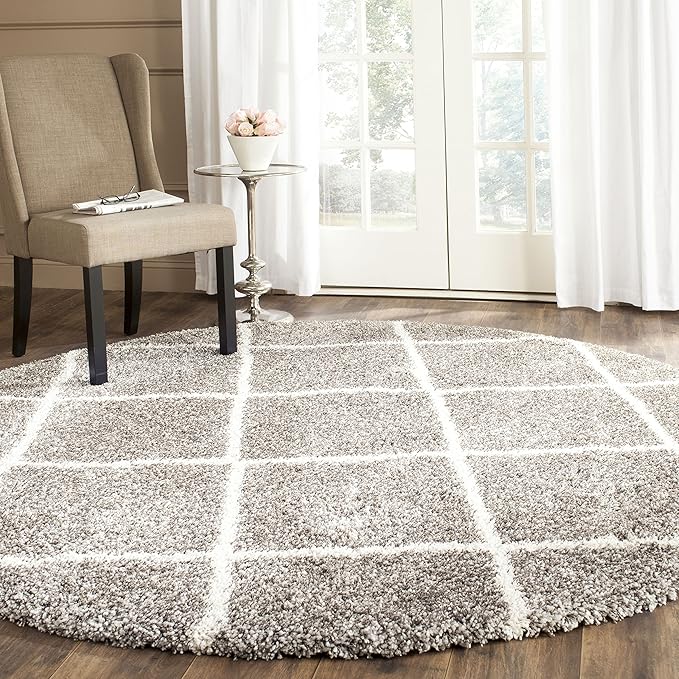SAFAVIEH Hudson Shag Collection Area Rug - 7' Round, Grey & Ivory, Modern Trellis Design, Non-Shedding & Easy Care, 2-inch Thick Ideal for High Traffic Areas in Living Room, Bedroom (SGH281B)