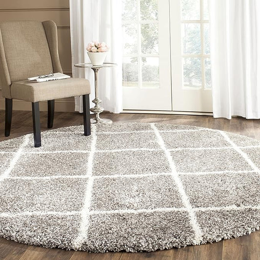 SAFAVIEH Hudson Shag Collection Area Rug - 7' Round, Grey & Ivory, Modern Trellis Design, Non-Shedding & Easy Care, 2-inch Thick Ideal for High Traffic Areas in Living Room, Bedroom (SGH281B)