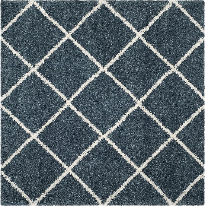 SAFAVIEH Hudson Shag Collection 7' Square Slate Blue/Ivory SGH281L Modern Diamond Trellis Non-Shedding Living Room Bedroom Dining Room Entryway Plush 2-inch Thick Area Rug