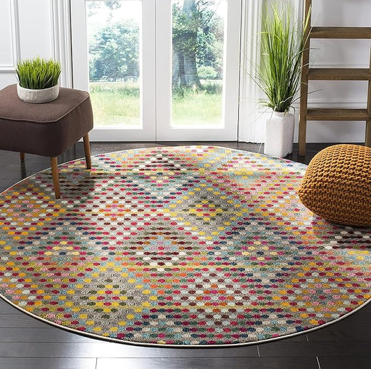 SAFAVIEH Monaco Collection Area Rug - 6'7" Round, Multi & Beige, Boho Diamond Design, Non-Shedding & Easy Care, Ideal for High Traffic Areas in Living Room, Bedroom (MNC204F)
