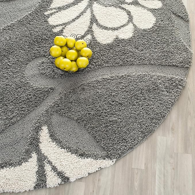 SAFAVIEH Florida Shag Collection Area Rug - 4' Round, Grey & Beige, Floral Design, Non-Shedding & Easy Care, 1.2-inch Thick Ideal for High Traffic Areas in Living Room, Bedroom (SG464-8013)
