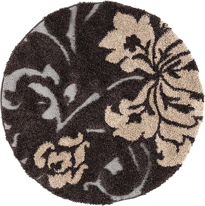 SAFAVIEH Florida Shag Collection 4' Round Dark Brown / Smoke SG458 Floral Non-Shedding Living Room Bedroom Dining Room Entryway Plush 1.2-inch Thick Area Rug