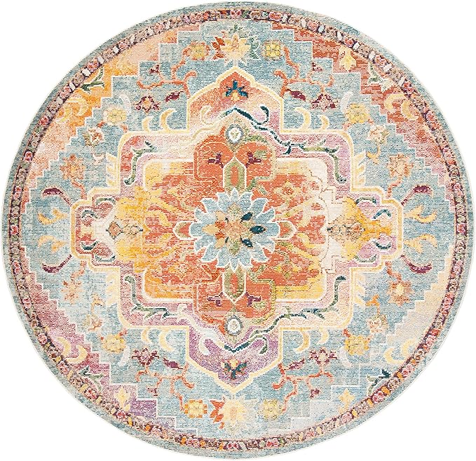 SAFAVIEH Crystal Collection Area Rug - 5' Round, Orange & Teal, Medallion Distressed Design, Non-Shedding & Easy Care, Ideal for High Traffic Areas in Living Room, Bedroom (CRS501K)