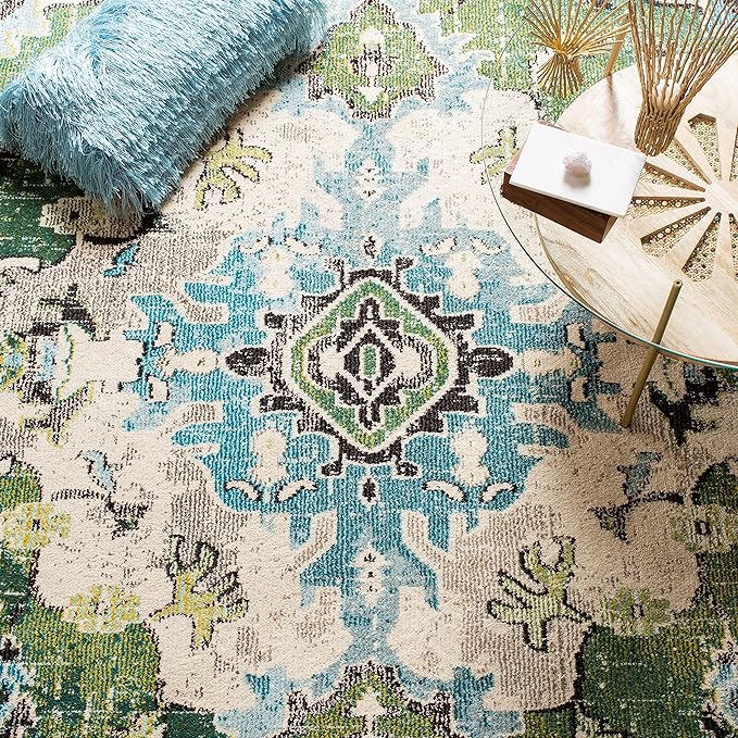 SAFAVIEH Monaco Collection Runner Rug - 2'2" x 18', Forest Green & Light Blue, Non-Shedding & Easy to Clean, Distressed Medallion Design, Ideal for Hallway, Foyer, Entryway, Kitchen, Bedroom (MNC243F)