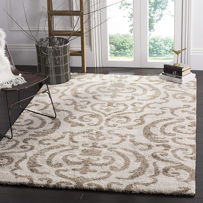 SAFAVIEH Florida Shag Collection Area Rug - 5'3" x 7'6", Cream & Beige, Damask Design, Non-Shedding & Easy Care, 1.2-inch Thick Ideal for High Traffic Areas in Living Room, Bedroom (SG462-1113)