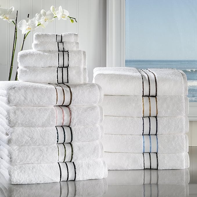 Superior Hotel Turkish Cotton 10 Piece Towel Set, Ultra Plush Spa Quality Heavyweight Essentials for Bathroom, Thick Absorbent and Soft, Dobby Border, Includes 2 Bath 4 Hand 4 Washcloths, White