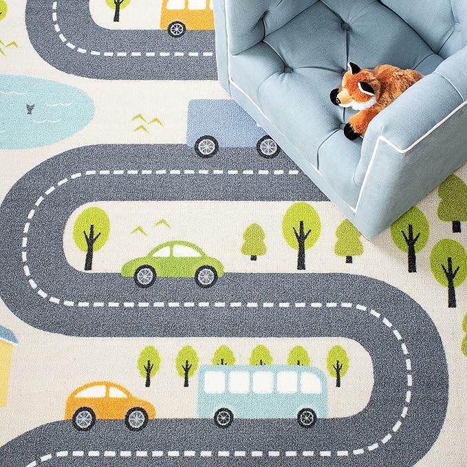 SAFAVIEH Washable Rug Kids Playhouse Collection - 5' Square, Beige & Green, Slip Resistant & Easy to Clean, Ideal for Kids Room, Playroom, Nursery, Boys & Girls Room (KPH227A)