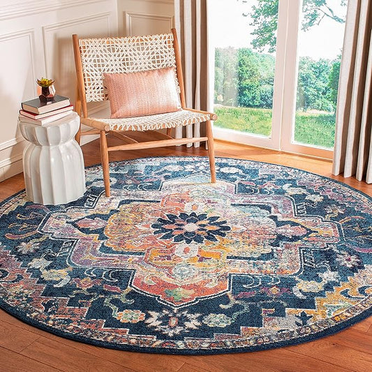 SAFAVIEH Crystal Collection 4' Round Navy / Fuchsia CRS501H Boho Chic Oriental Medallion Distressed Non-Shedding Dining Room Entryway Foyer Living Room Bedroom Area Rug