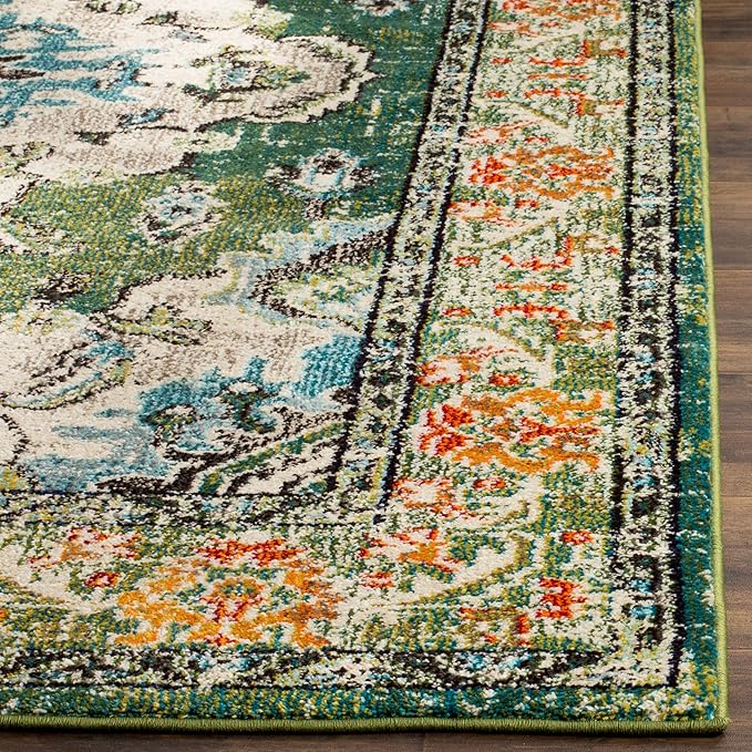 SAFAVIEH Monaco Collection Runner Rug - 2'2" x 8', Forest Green & Light Blue, Non-Shedding & Easy to Clean, Distressed Medallion Design, Ideal for Hallway, Foyer, Entryway, Kitchen, Bedroom (MNC243F)