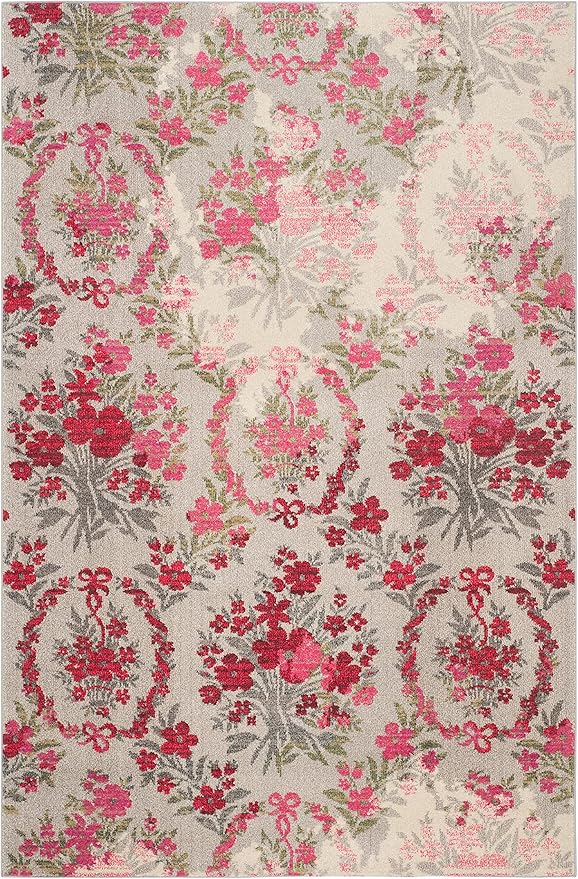 SAFAVIEH Monaco Collection Area Rug - 6'7" x 9'2", Ivory & Pink, Floral Design, Non-Shedding & Easy Care, Ideal for High Traffic Areas in Living Room, Bedroom (MNC205R)