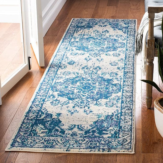 SAFAVIEH Monaco Collection Runner Rug - 2'2" x 6', Ivory & Blue, Non-Shedding & Easy to Clean, Distressed Medallion Design, Ideal for Hallway, Kitchen Foyer, Entryway (MNC243A)
