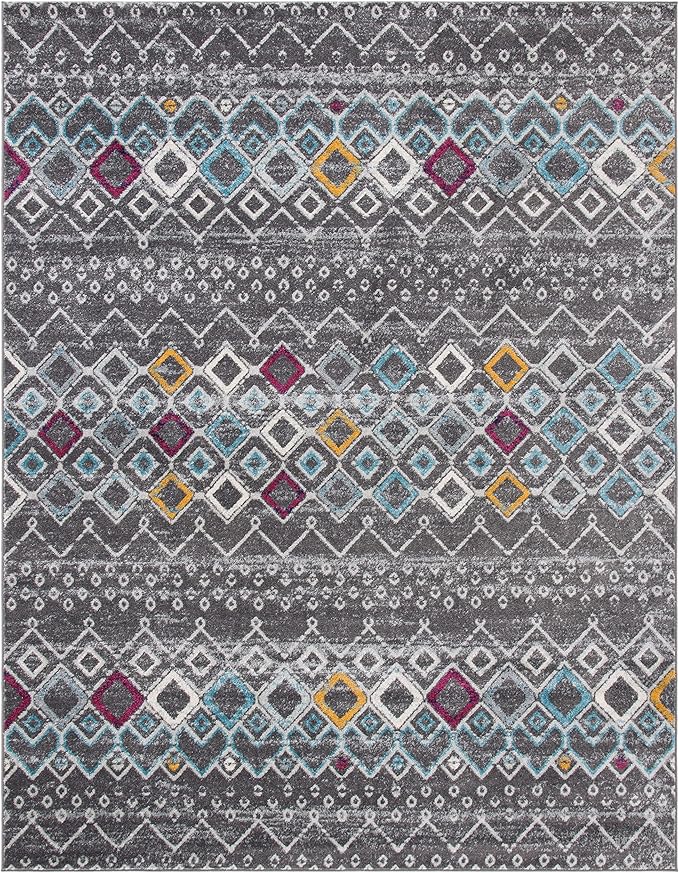 SAFAVIEH Amsterdam Collection Area Rug - 8' x 10', Dark Grey & Ivory, Moroccan Boho Design, Non-Shedding & Easy Care, Ideal for High Traffic Areas in Living Room, Bedroom (AMS108H)