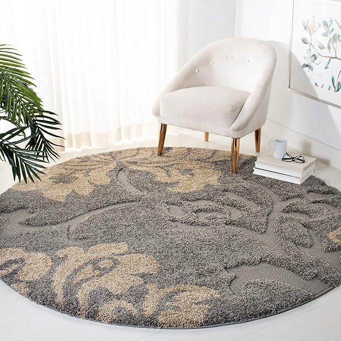 SAFAVIEH Florida Shag Collection 4' Round Grey/Beige SG458 Floral Non-Shedding Living Room Bedroom Dining Room Entryway Plush 1.2-inch Thick Area Rug