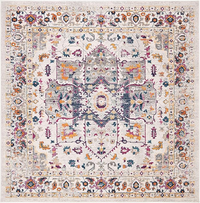 SAFAVIEH Evoke Collection Area Rug - 6'7" Square, Ivory & Grey, Oriental Medallion Distressed Design, Non-Shedding & Easy Care, Ideal for High Traffic Areas in Living Room, Bedroom (EVK275A)
