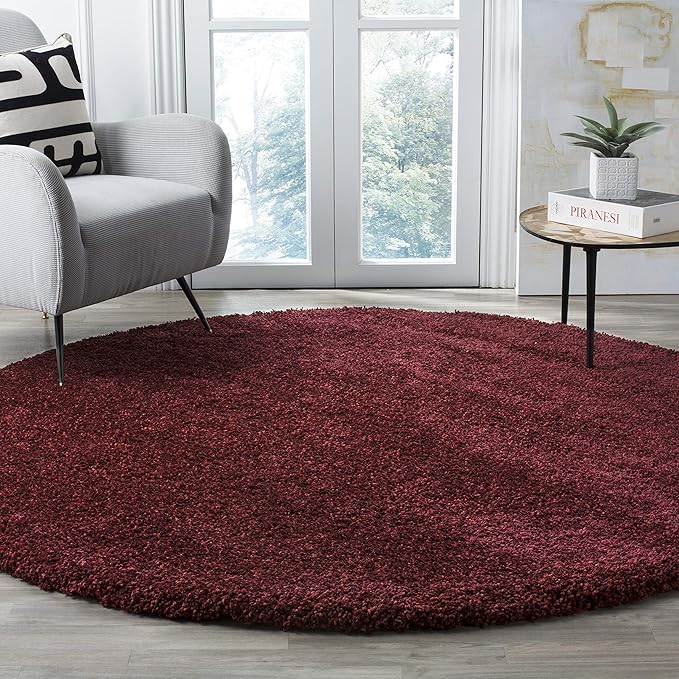 SAFAVIEH Santa Monica Shag Collection 6'7" Round Maroon SGN725 Solid Non-Shedding Living Room Bedroom Dining Room Entryway Plush 2-inch Thick Area Rug