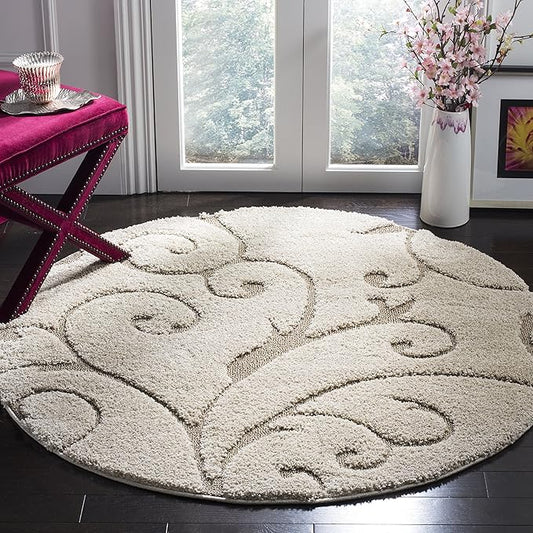 SAFAVIEH Florida Shag Collection Area Rug - 5' Round, Cream & Beige, Scroll Design, Non-Shedding & Easy to Clean, High-Low Plush Pile, Ideal for Living Room, Bedroom, Dining Space (SG455-1113)