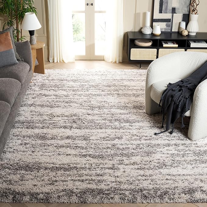 SAFAVIEH Hudson Shag Collection Area Rug - 6' x 9', Ivory/Grey, Geometric Design, Plush 1.9 Inch Thick Ideal for High Traffic Areas in Living Room, Bedroom, Dining (SGH206A)