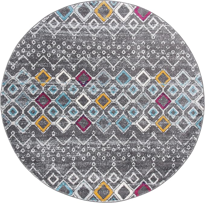 SAFAVIEH Amsterdam Collection 6'7" Round Dark Grey/Ivory AMS108H Moroccan Boho Non-Shedding Dining Room Entryway Foyer Living Room Bedroom Area Rug