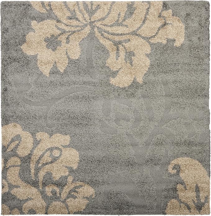 SAFAVIEH Florida Shag Collection Area Rug - 6'7" Square, Grey & Beige, Floral Design, Non-Shedding & Easy Care, 1.2-inch Thick Ideal for High Traffic Areas in Living Room, Bedroom (SG458-8013)
