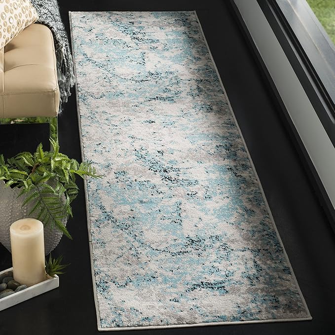 SAFAVIEH Skyler Collection 2' x 14' Blue/Ivory SKY186M Modern Abstract Non-Shedding Living Room Bedroom Runner Rug