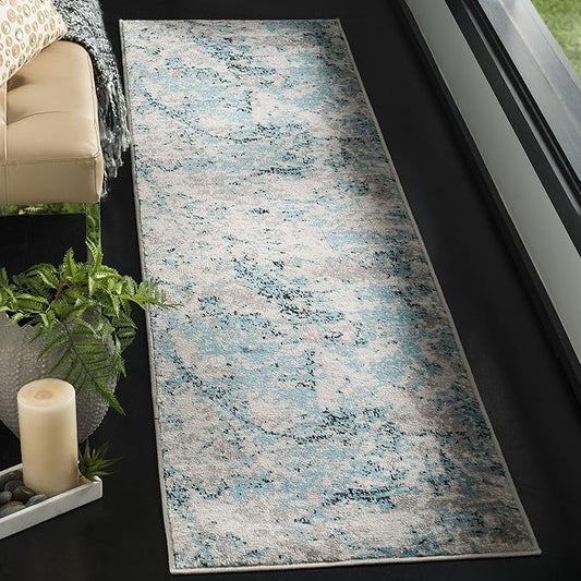 SAFAVIEH Skyler Collection 2' x 22' Blue/Ivory SKY186M Modern Abstract Non-Shedding Living Room Dining Entryway Foyer Hallway Runner Rug