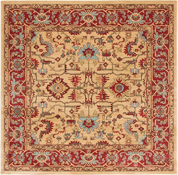SAFAVIEH Mahal Collection Area Rug - 6'7" Square, Beige & Red, Traditional Oriental Design, Non-Shedding & Easy Care, Ideal for High Traffic Areas in Living Room, Bedroom (MAH693B)