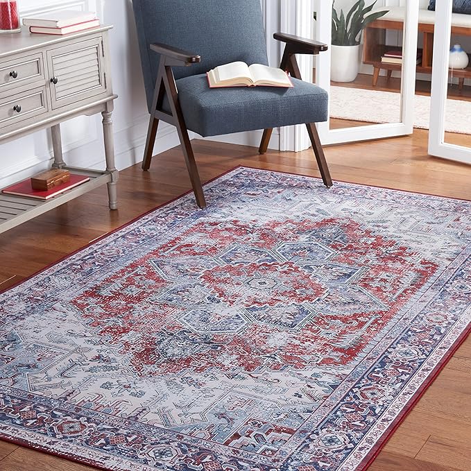 SAFAVIEH Washable Rug Tucson Collection - 4' x 6', Red & Navy, Slip Resistant & Easy to Clean, Ideal for Foyer, Kitchen, Nursery, Office, Bedroom (TSN101S)