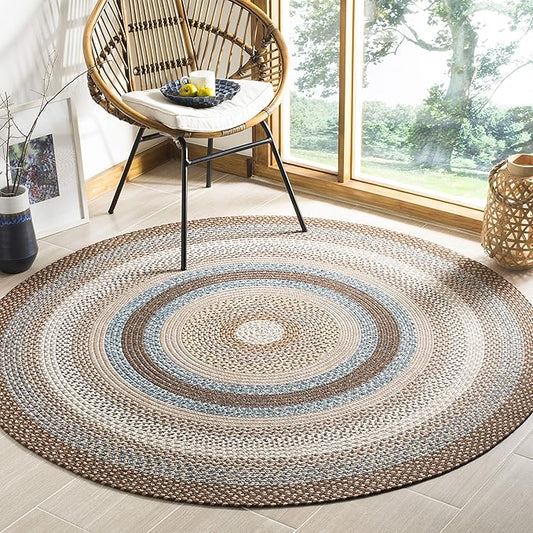 SAFAVIEH Washable Rug Outdoor Braided Collection - 6' Round, Brown & Multi, Handmade & Reversible, Non-Shedding & Easy to Clean, Ideal for Patio, Backyard, Mudroom (BRD313A)