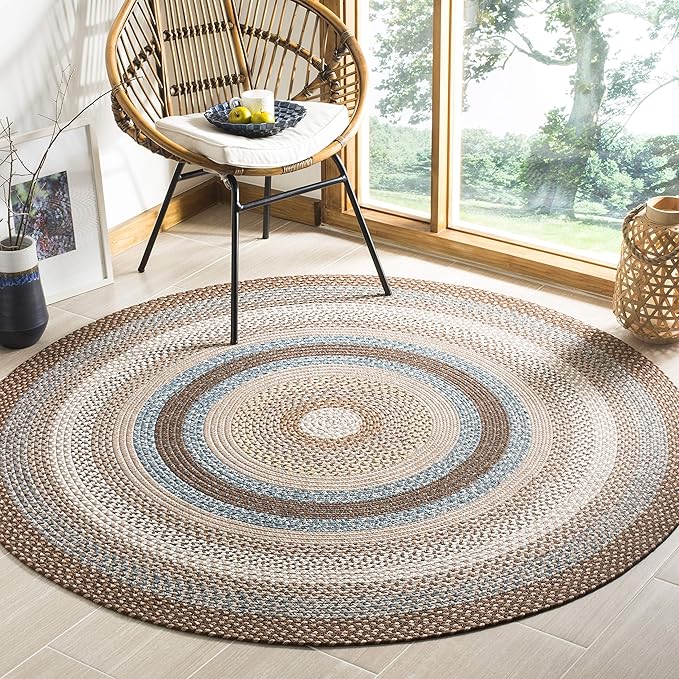 SAFAVIEH Washable Rug Outdoor Braided Collection - 7' Round, Brown & Multi, Handmade & Reversible, Non-Shedding & Easy to Clean, Ideal for Patio, Backyard, Mudroom (BRD313A)