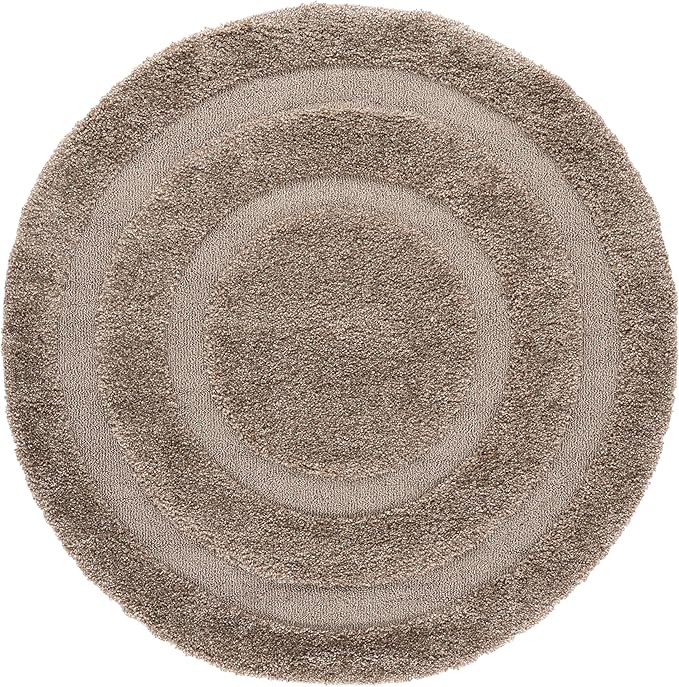 SAFAVIEH Florida Shag Collection Area Rug - 5' Round, Beige & Beige, Border Design, Non-Shedding & Easy Care, 1.2-inch Thick Ideal for High Traffic Areas in Living Room, Bedroom (SG454-1313)