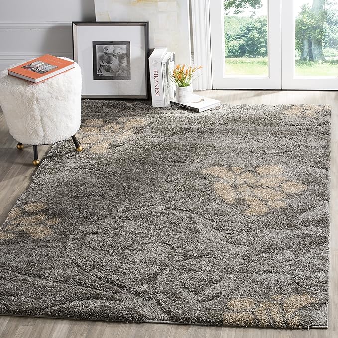 SAFAVIEH Florida Shag Collection Area Rug - 6' x 9', Grey & Beige, Floral Design, Non-Shedding & Easy Care, 1.2-inch Thick Ideal for High Traffic Areas in Living Room, Bedroom (SG464-8013)