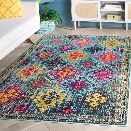 SAFAVIEH Monaco Collection Area Rug - 5'1" x 7'7", Blue & Multi, Boho Diamond Trellis Design, Non-Shedding & Easy Care, Ideal for High Traffic Areas in Living Room, Bedroom (MNC244N)