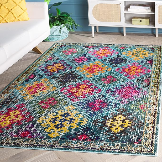 SAFAVIEH Monaco Collection Accent Rug - 4' x 5'7", Blue & Multi, Boho Diamond Trellis Design, Non-Shedding & Easy Care, Ideal for High Traffic Areas in Entryway, Living Room, Bedroom (MNC244N)