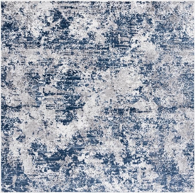 SAFAVIEH Amelia Collection Area Rug - 6'7" Square, Ivory & Navy, Modern Abstract Design, Non-Shedding & Easy Care, Ideal for High Traffic Areas in Living Room, Bedroom, Dining (ALA705A-7SQ)