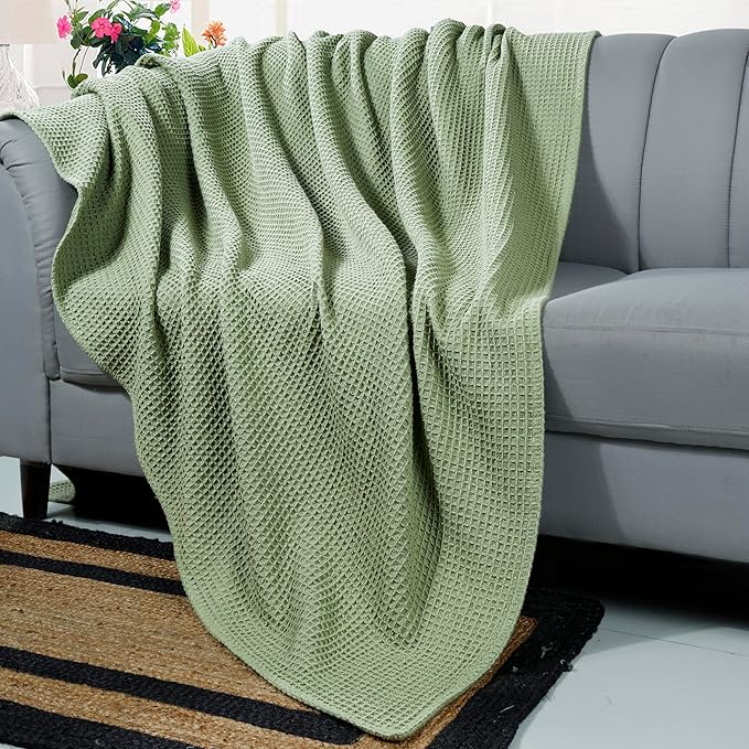 Bed & Bath Home Premium 100% Cotton Waffle Weave Blanket Twin Size – Soft Breathable Lightweight Comfort, Natural All-Season Bed Blanket, Easy-Care Bedspread for Bed & Couch (Sage Green)