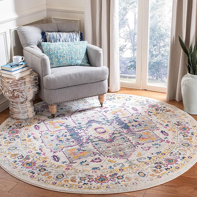 SAFAVIEH Evoke Collection Area Rug - 6'7" Round, Ivory & Grey, Oriental Medallion Distressed Design, Non-Shedding & Easy Care, Ideal for High Traffic Areas in Living Room, Bedroom (EVK275A)