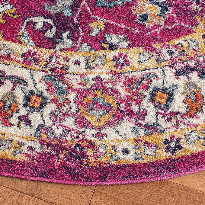 SAFAVIEH Evoke Collection Area Rug - 6'7" Round, Fuchsia & Ivory, Oriental Medallion Distressed Design, Non-Shedding & Easy Care, Ideal for High Traffic Areas in Living Room, Bedroom (EVK275R)