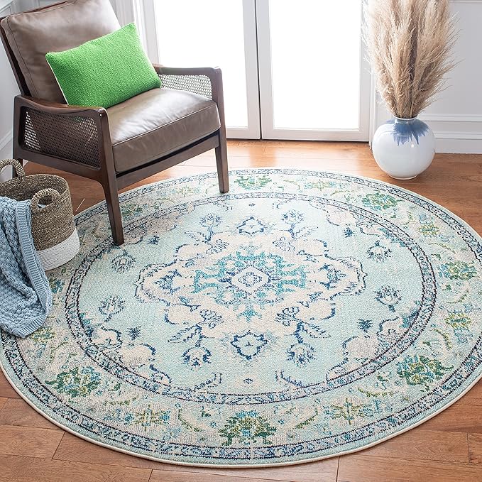 SAFAVIEH Monaco Collection Area Rug - 5' Round, Light Blue & Ivory, Non-Shedding & Easy Care, Ideal for High Traffic Areas in Living Room, Foyer, Bedroom (MNC243K-5R)