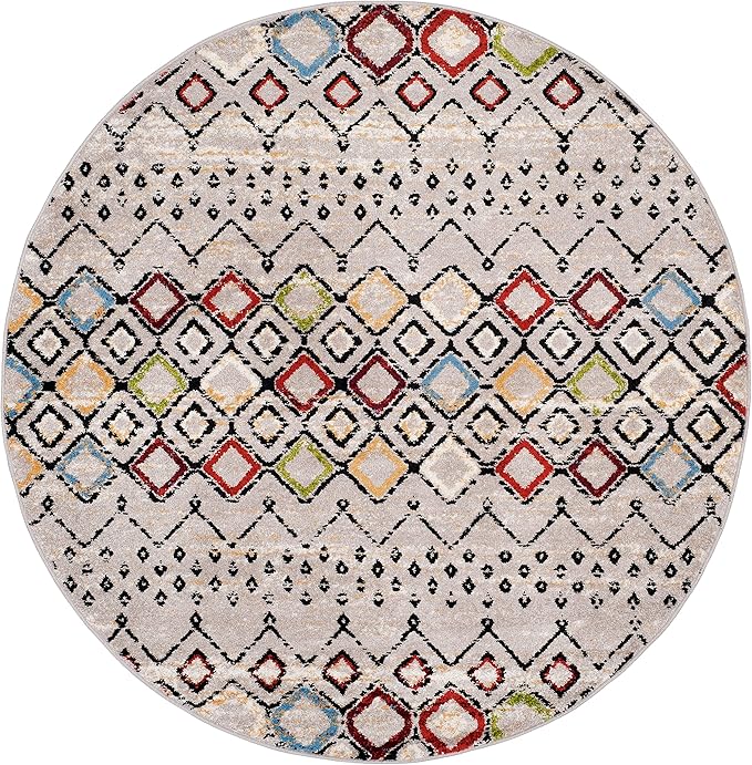 SAFAVIEH Amsterdam Collection 10' Round Light Grey/Multi AMS108G Moroccan Boho Non-Shedding Living Room Dining Bedroom Foyer Area Rug