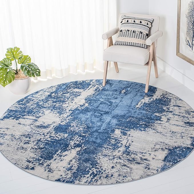 SAFAVIEH Jasper Collection Area Rug - 5' Round, Blue & Ivory, Modern Abstract Design, Non-Shedding & Easy Care, Ideal for High Traffic Areas in Living Room, Bedroom (JSP101M)