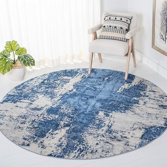 SAFAVIEH Jasper Collection Area Rug - 5' Round, Blue & Ivory, Modern Abstract Design, Non-Shedding & Easy Care, Ideal for High Traffic Areas in Living Room, Bedroom (JSP101M)