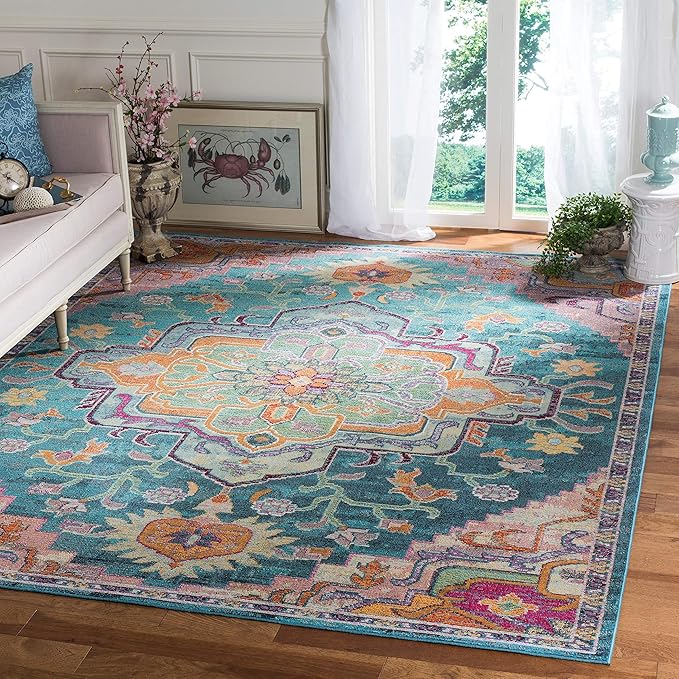 SAFAVIEH Crystal Collection 5' Round Light Blue/Fuchsia CRS501B Boho Chic Oriental Medallion Distressed Non-Shedding Dining Room Entryway Foyer Living Room Bedroom Area Rug
