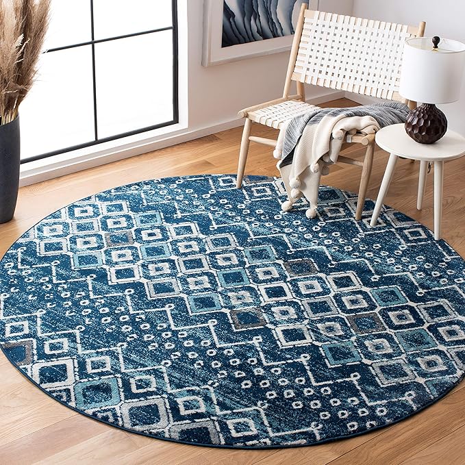 SAFAVIEH Amsterdam Collection Area Rug - 4' Round, Navy & Beige, Moroccan Boho Design, Non-Shedding & Easy Cleaning, Ideal for Living Room, Bedroom, Dining Space (AMS108N)